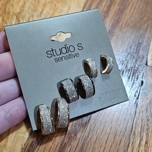 NWT! Studio S Sensitive 3-PC Tri-Tone Glittering Glam Half Hoop Earrings Set